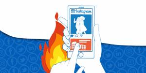 A graphic showing a hand scrolling on Instagram on a phone