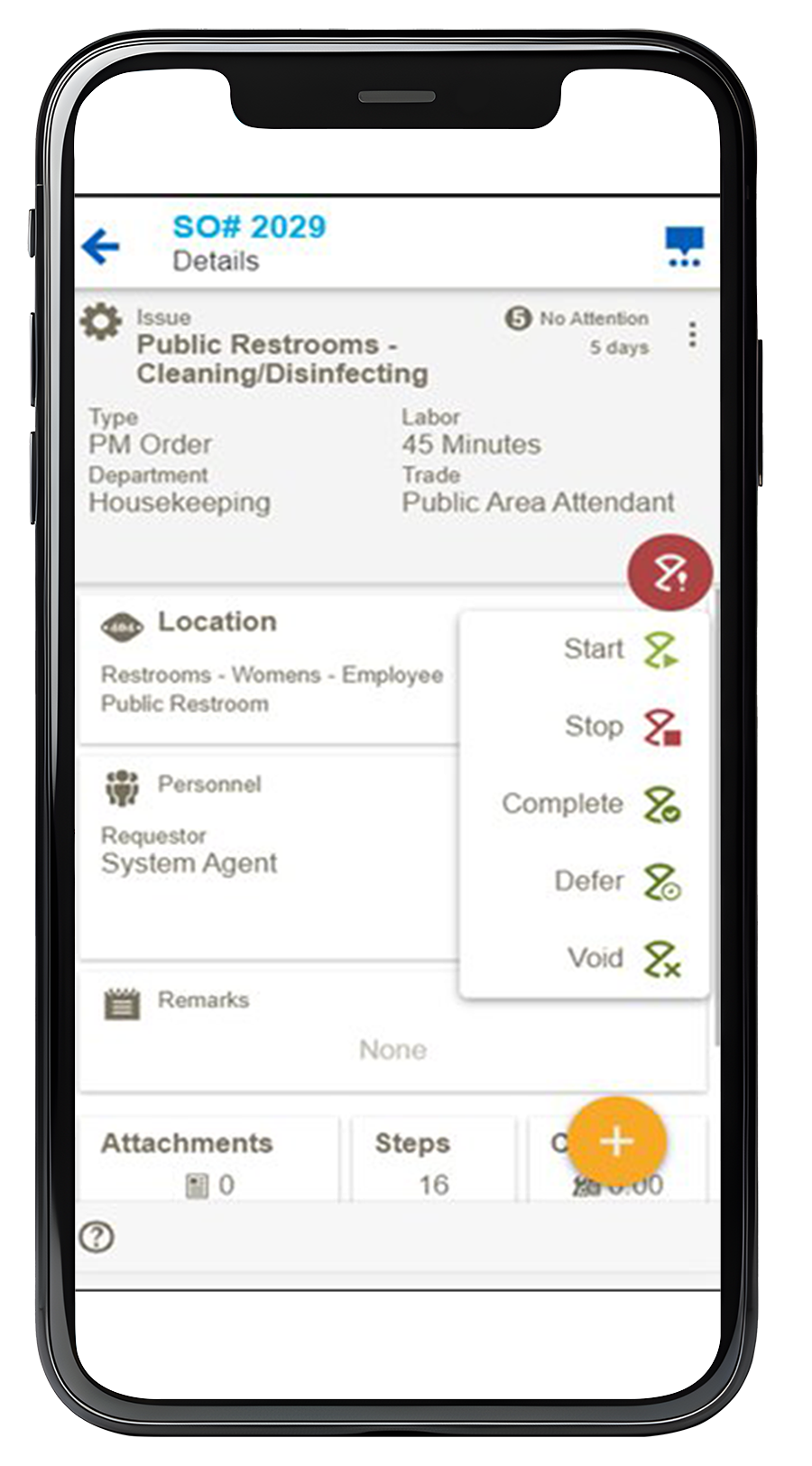 Phone screen showing HotSOS Hotel Housekeeping Software - Cleaning task screen