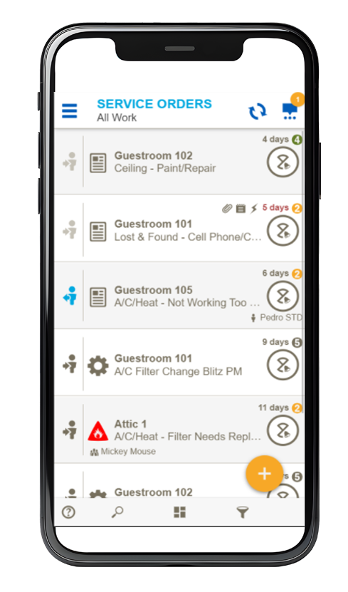 Phone screen showing HotSOS Hotel Housekeeping Software - Service Orders screen