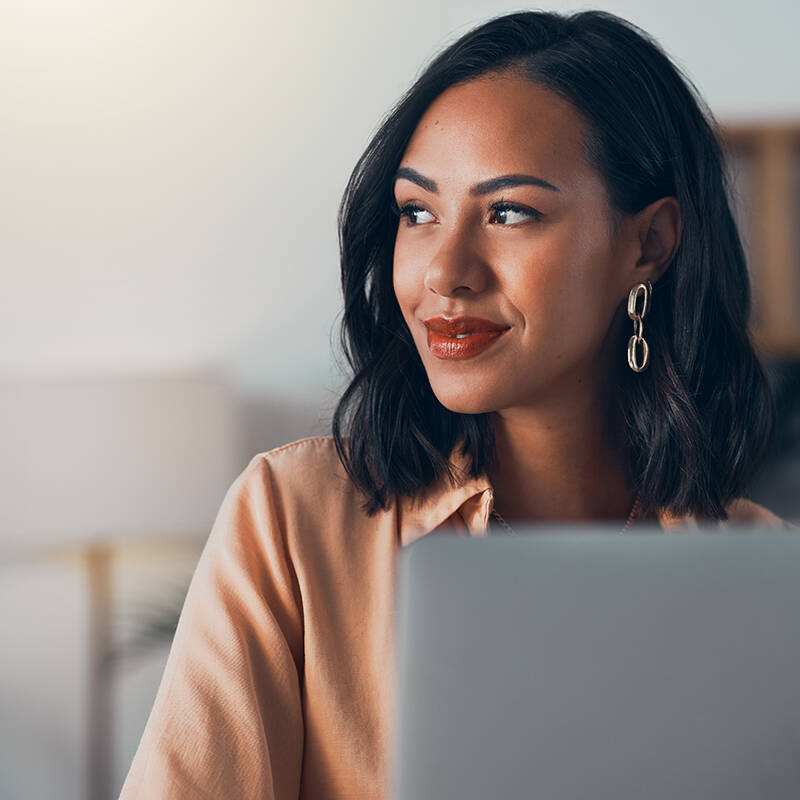 Thinking business woman, freelancer and entrepreneur working remote from home on laptop with strategy, vision and mission for growth on mindset. Thoughtful blogger planning ideas and online research